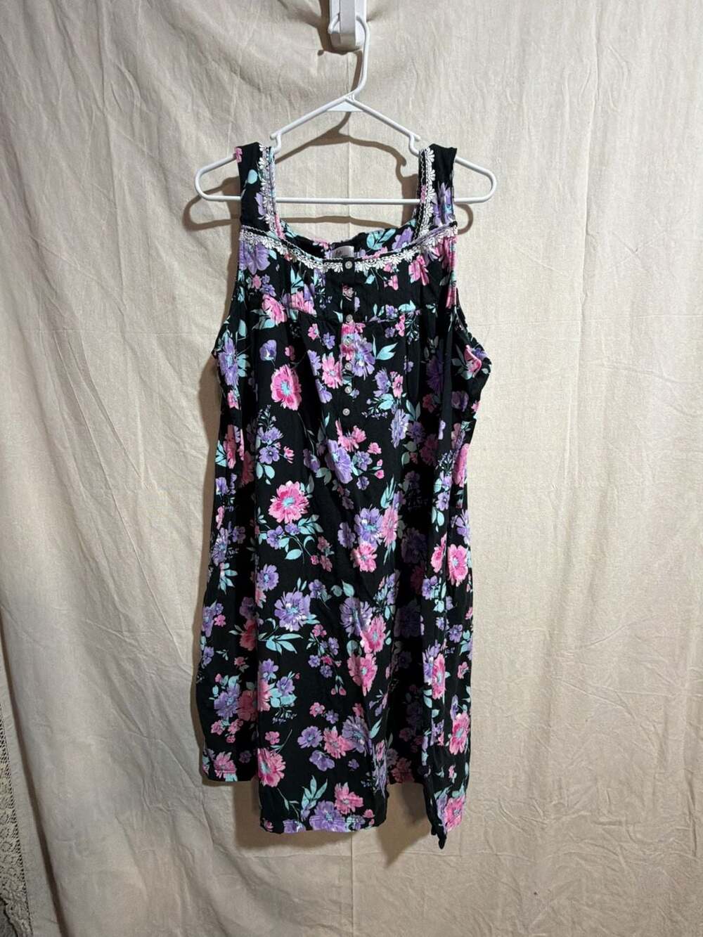 Aria Collection Women's 3X Black Floral Sleeveless Cotton Nightgown
